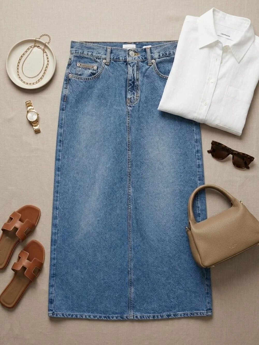 Calvin Klein Dark Sandblast Wash Cotton Denim Midi Skirt